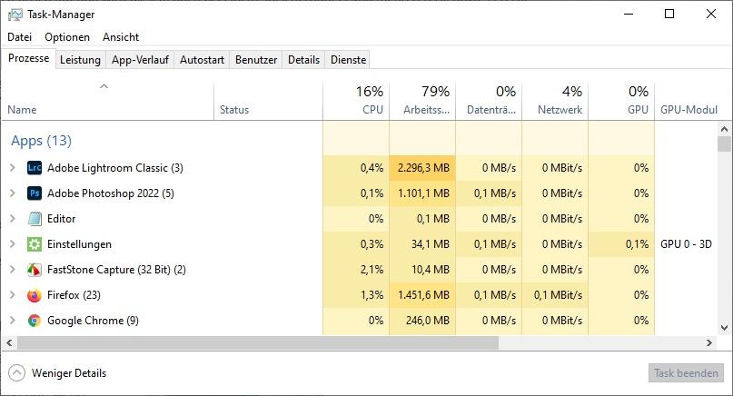 Übersicht der Prozesse im Task Manager